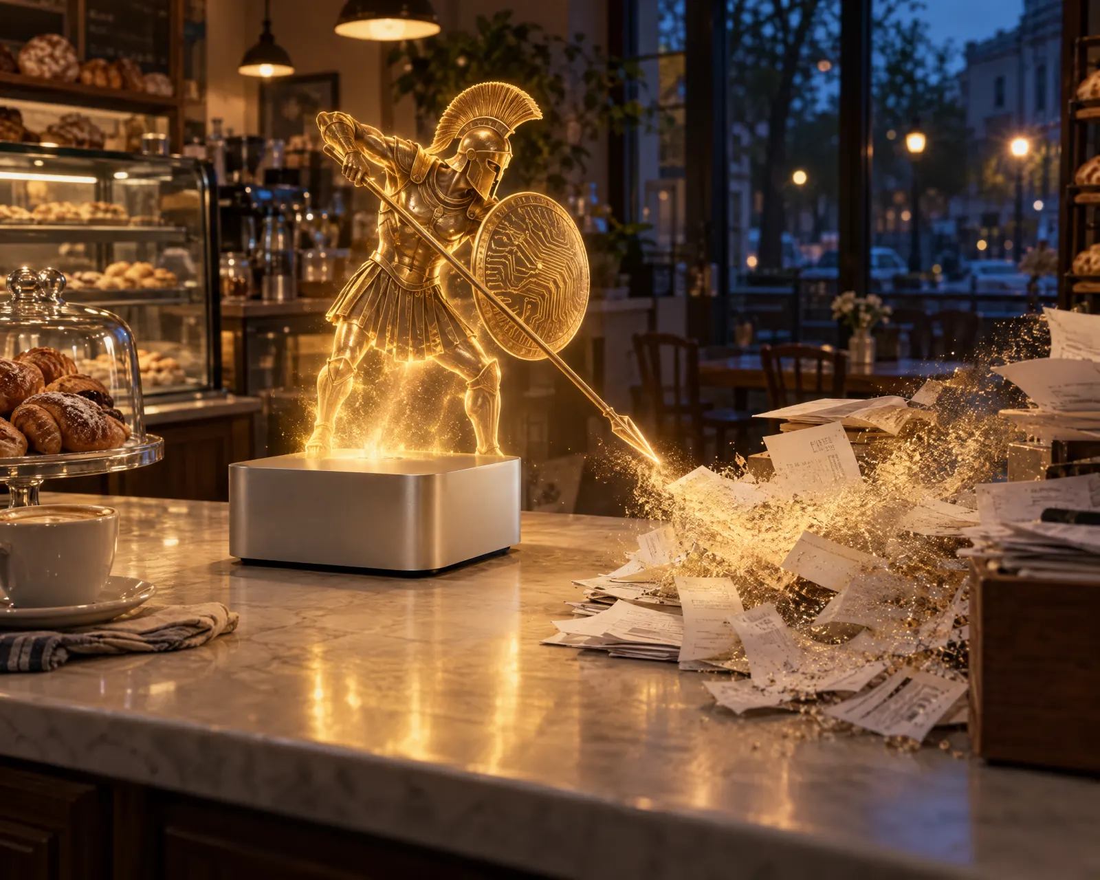 In a neighborhood bakery after hours, a golden Greek warrior rising from a small silver computer spears a heap of invoices and receipts into gold dust