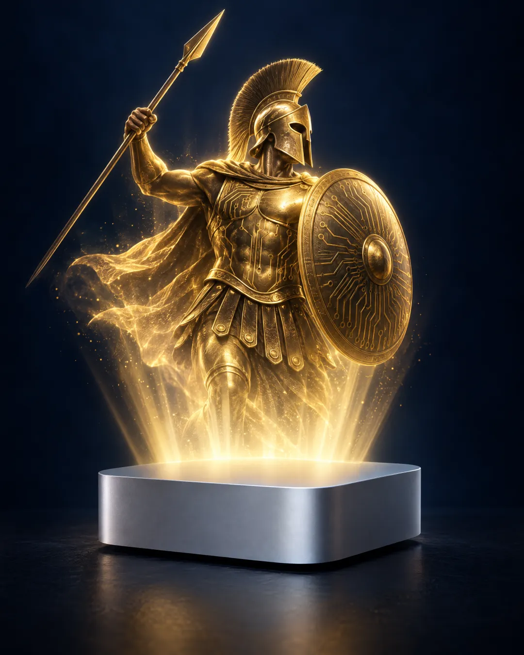 A golden Greek warrior with spear and shield rising in light from a small silver computer, ready to fight the owner's battles